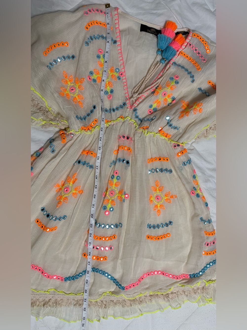 NWT Papa Pia Luxe Cream Mini Dress with Neon Embroidery & Mirror Accent Detail - Picture 9 of 10